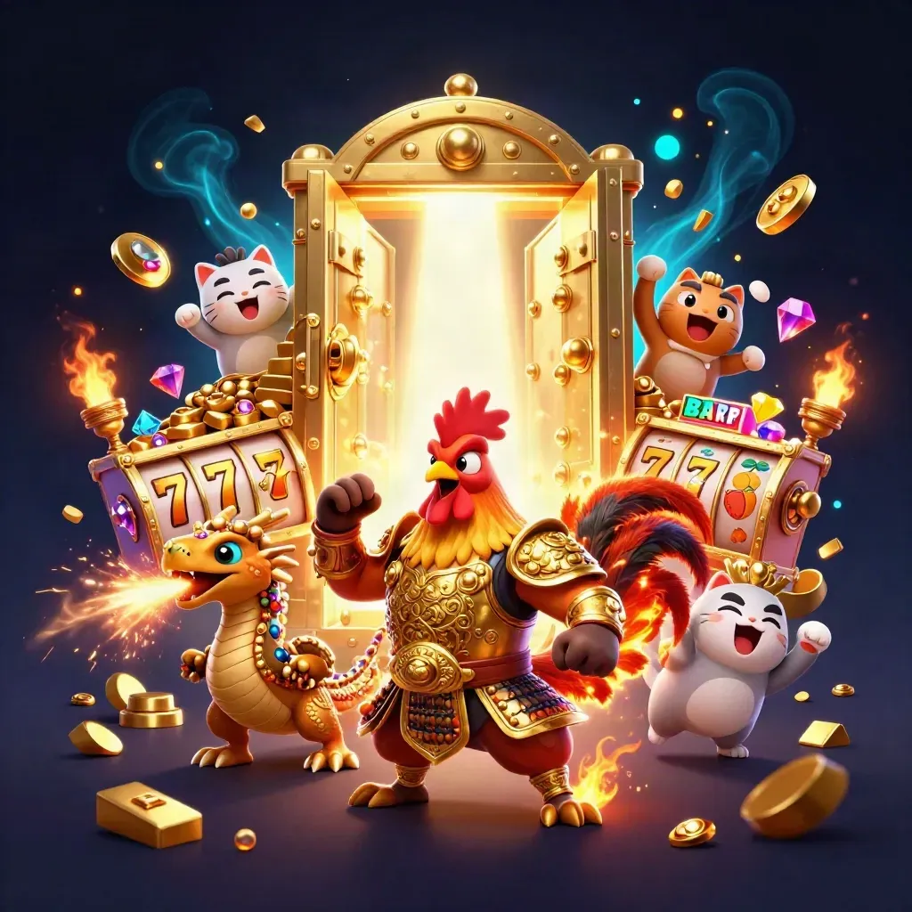 Rooster ridder, draakje en gelukskat bij een open schatkist met goud en neon effecten