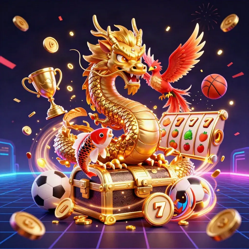 Gouden draak met phoenix, koi en neon casino-effecten in een luxe 3D-scène.