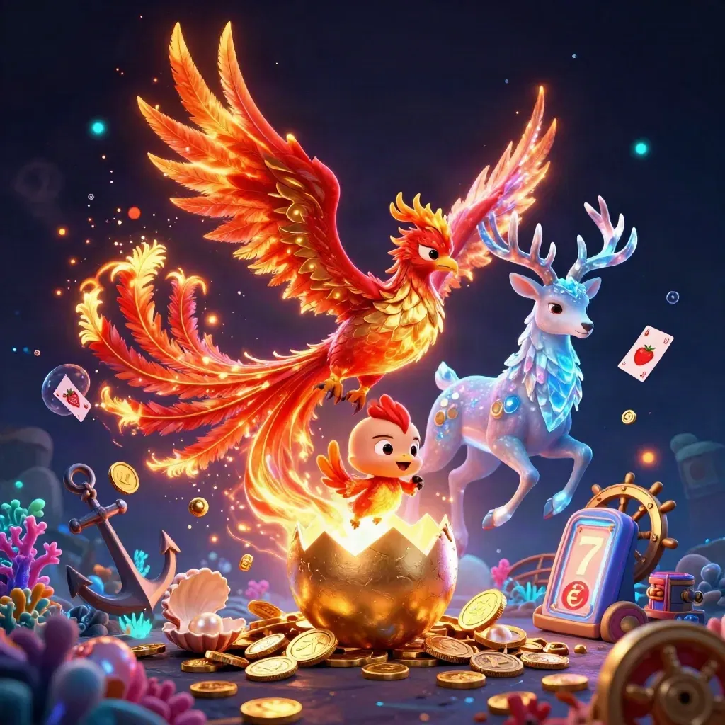 Feuerphoenix, Babyphoenix en kristallen hert in neon casinostijl met schatten.