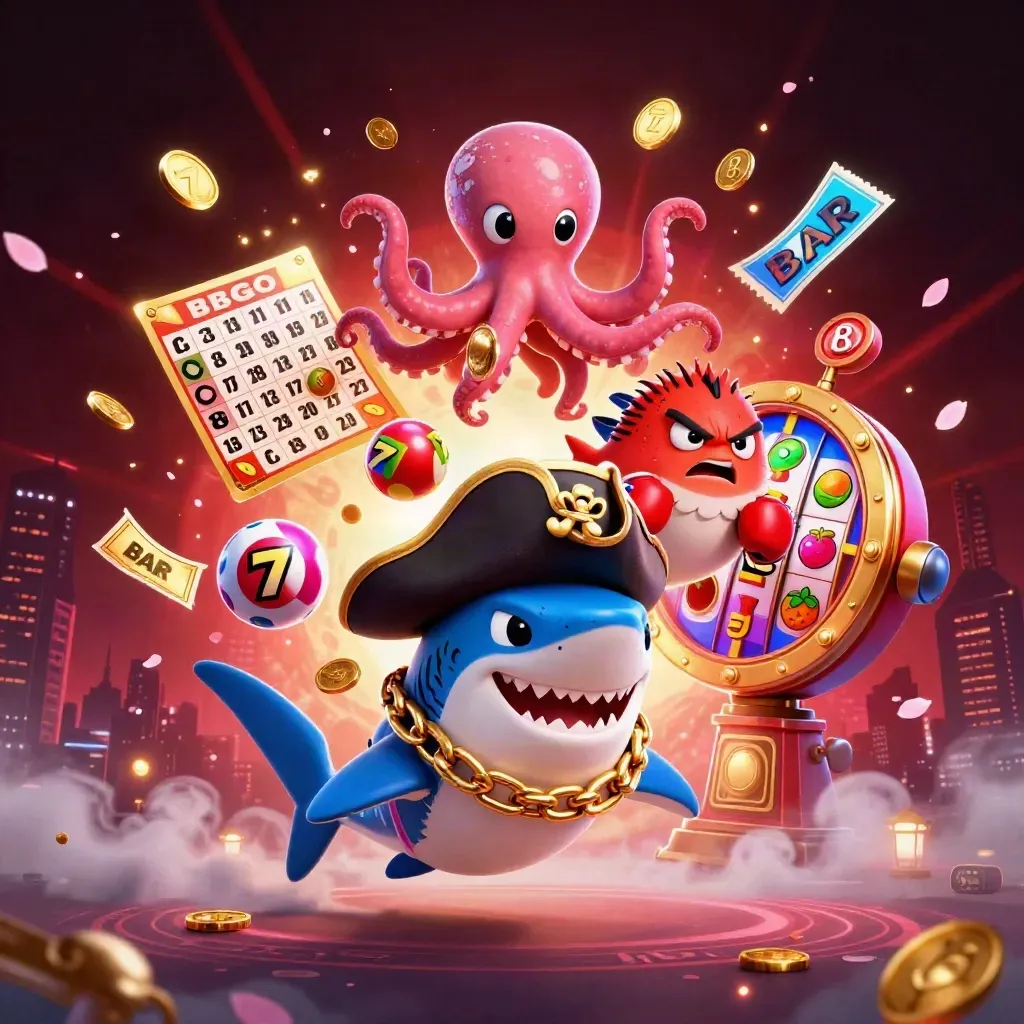 Piraat-haai, bokspuffer en octopus met munten tussen slotrollen en neon casino-effecten