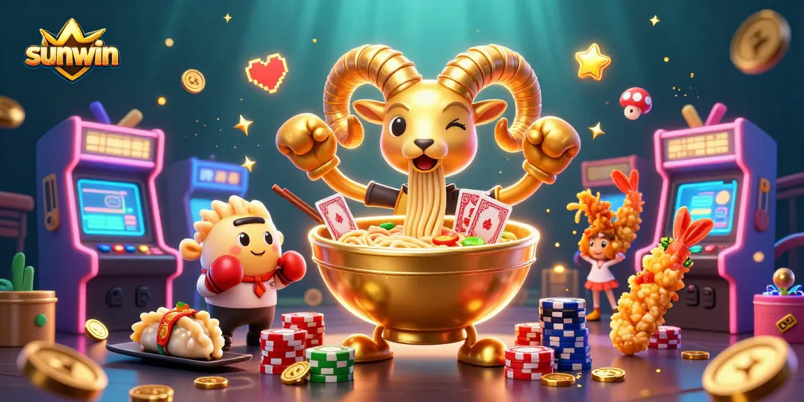 Experience sunwin with a vibrant 3D casino scene of animated food characters dealing cards.