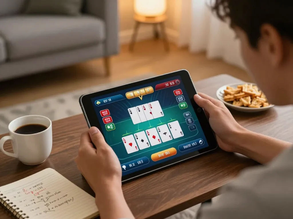 Engaging online poker gameplay at home, showcasing a player on Trang chủ Da88 with strategic focus and cozy ambiance.