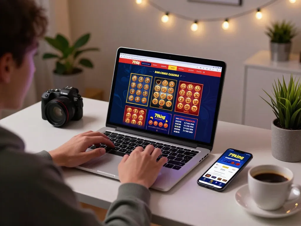 Engaging with the 79king casino interface on a laptop, displaying online gaming options and strategy.