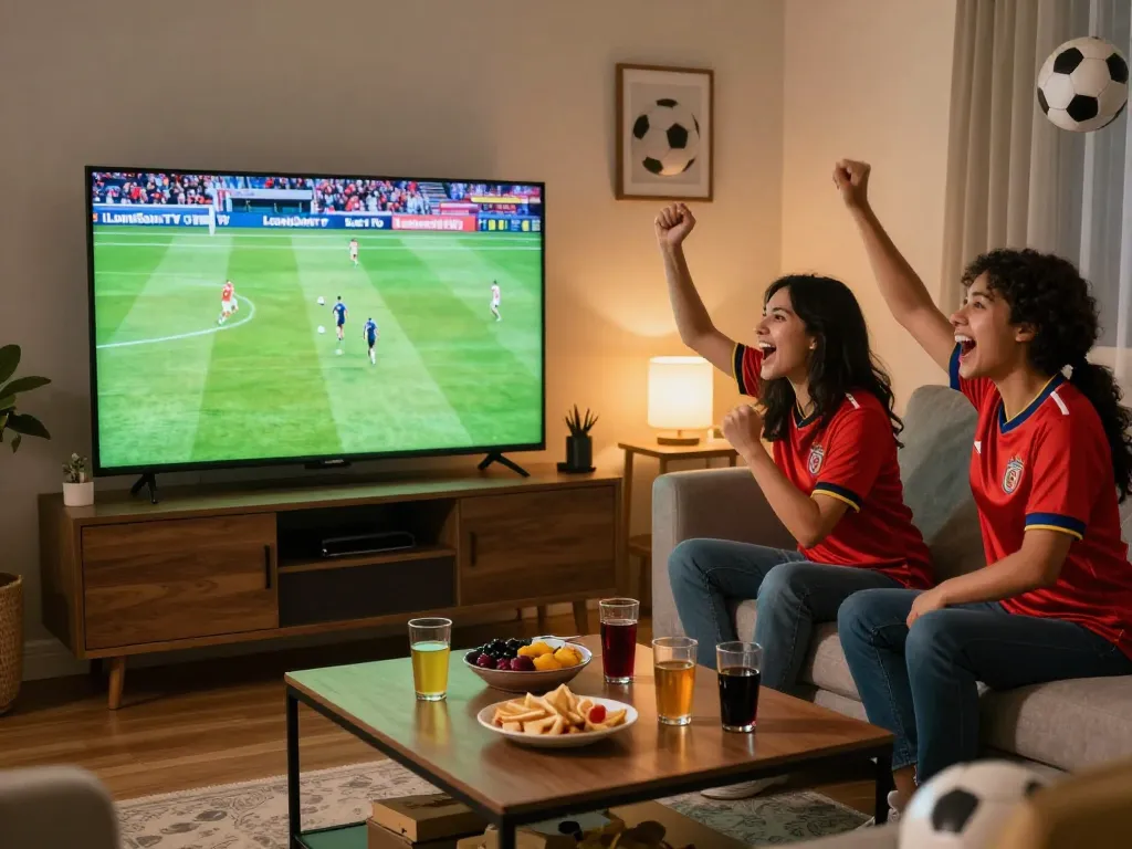 Friends enjoying a thrilling football match on LuongSonTV in a cozy living room.