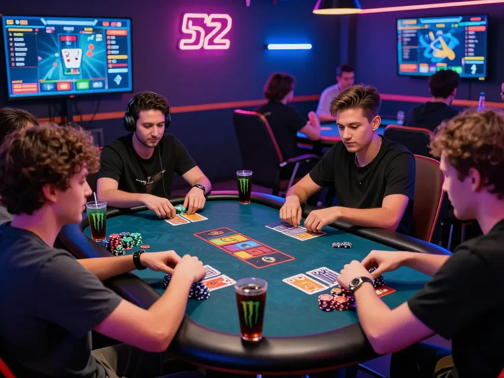 Players enjoying a thrilling moment at the b52 club gaming lounge, with cards and chips on a neon-lit table.