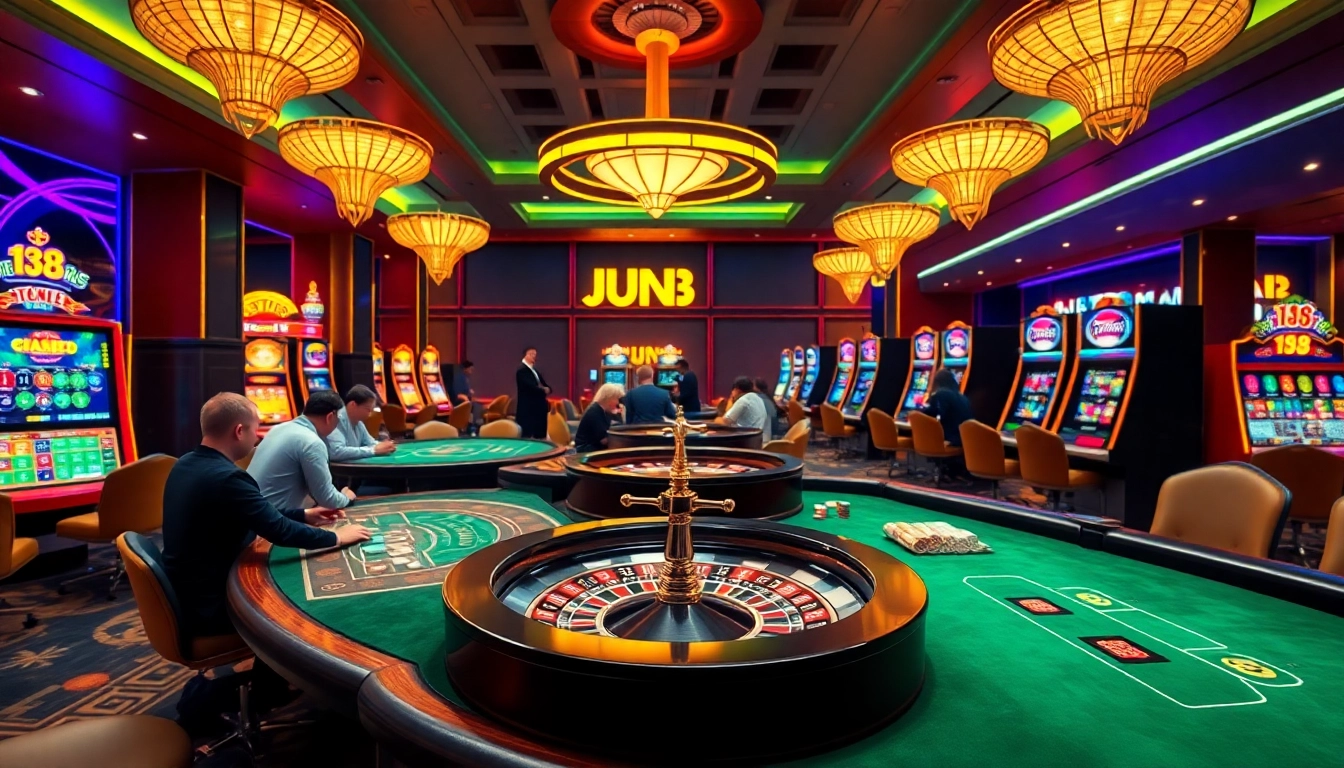 Players enjoying a vibrant casino experience at Jun 88, featuring poker tables and slot machines.