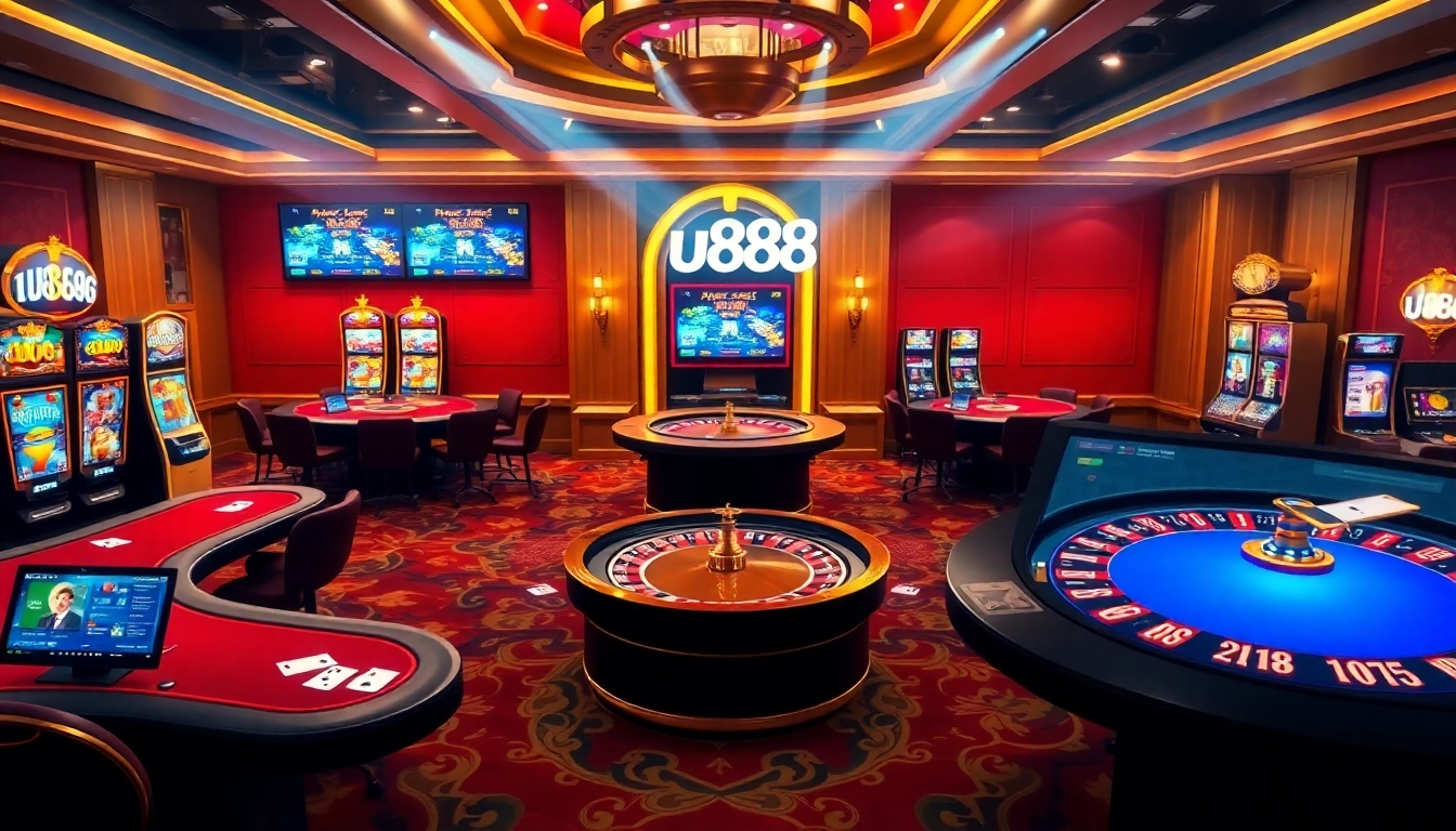 Experience the thrill of u888 with vibrant casino visuals featuring poker tables and slot machines.