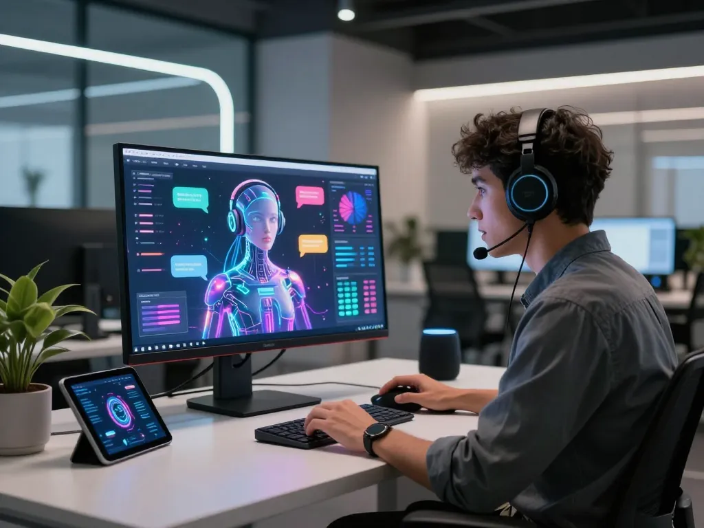Engaging in a juicy ai interaction with a virtual avatar in a modern tech workspace.
