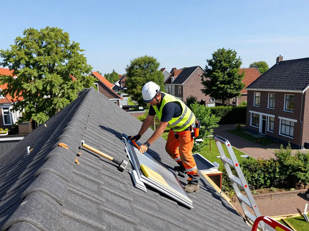 Expert dakdekker Utrecht installeert een nieuw dak met veiligheidsuitrusting, en toont kwaliteitsdakwerk in een levendige buurt.