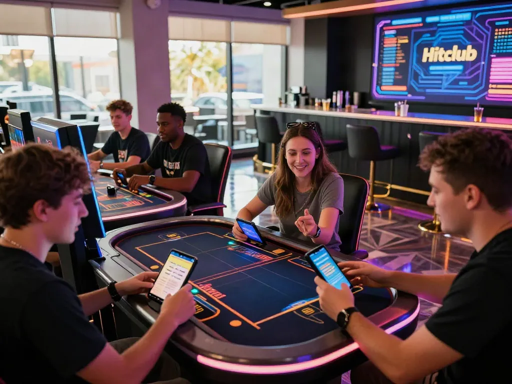 Dynamic gaming scene from https://hitclub3.io/ featuring players enjoying various games in a modern online casino.