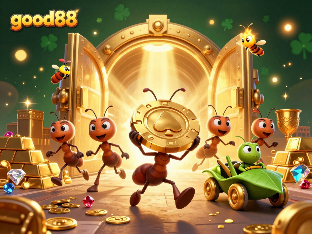 Experience the excitement of good88 with cartoon ants on a heist for golden chips in a vibrant casino tunnel.