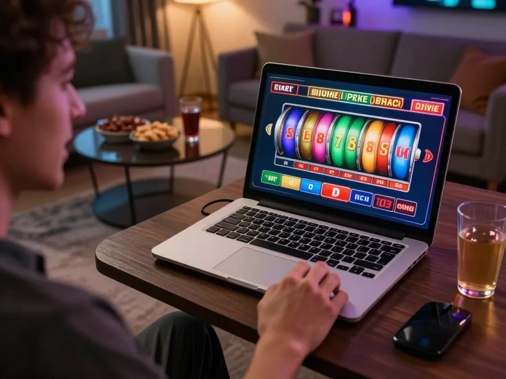 Player enjoying tg88 online casino gaming with vibrant reels spinning in a cozy home setting.