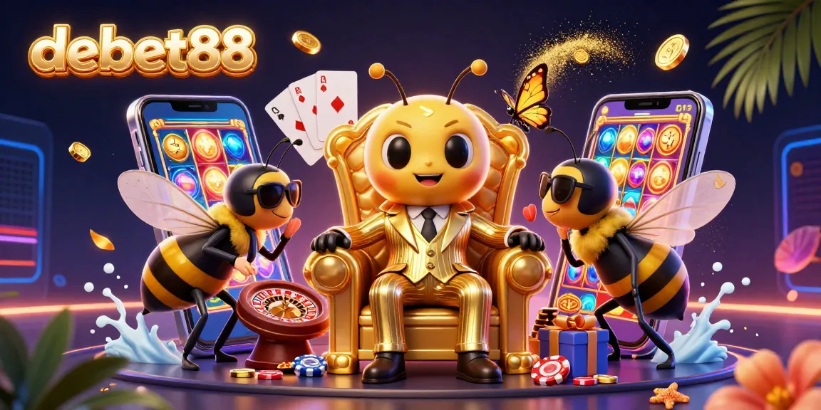 Experience thrilling gameplay with debet88 as colorful slot games and gold coins fill the vibrant scene.