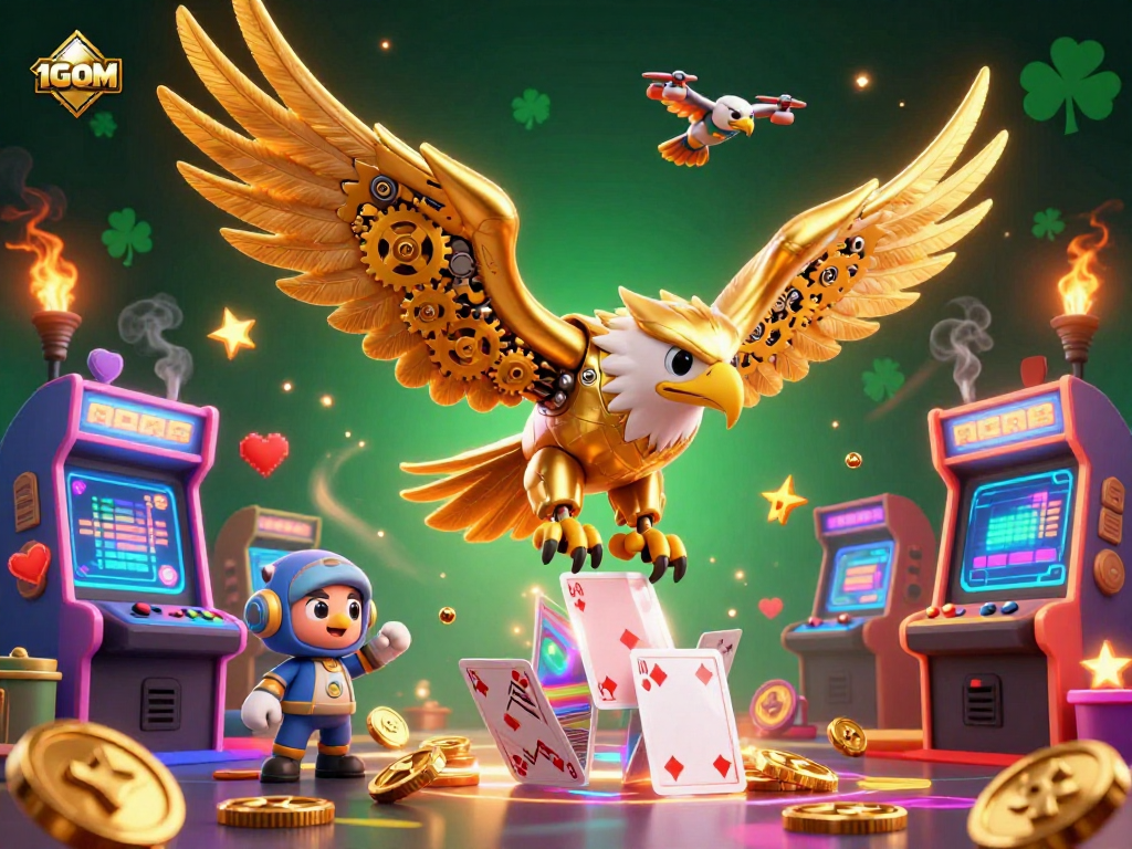 Engage with thrilling casino fun at 1GOM with a cybernetic golden eagle diving through holographic cards and arcade machines.