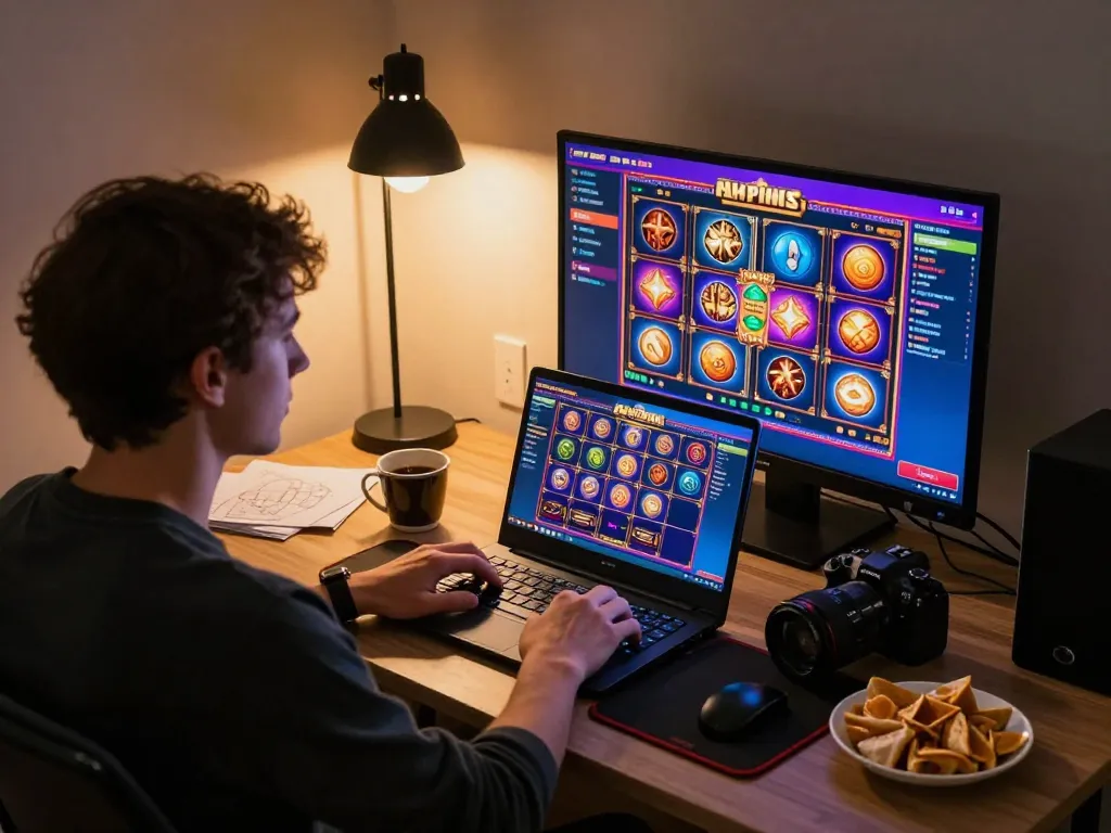 Engaging in online gaming with Link đăng ký 9bet displayed on laptop, showcasing a focused and responsible gambling environment