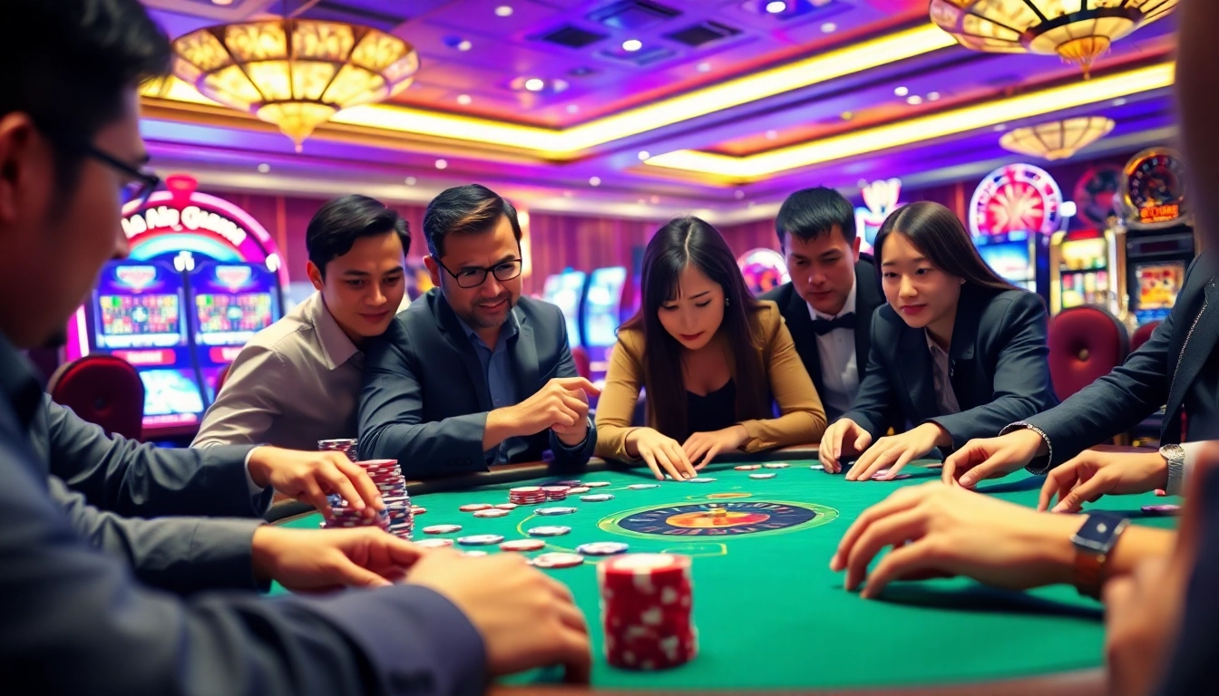 Players enjoying game bài at a luxurious casino table with vibrant ambiance and excitement.