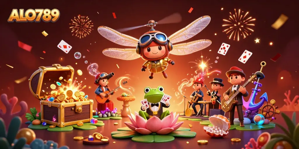 Experience the thrill of ALO789 with a vibrant 3D scene featuring a dragonfly pilot and a frog croupier.