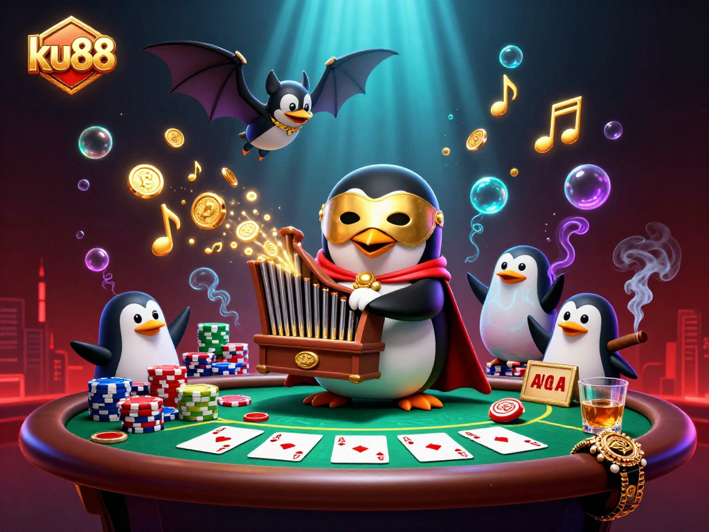 Experience ku88 thrilling casino action with a vivid 3D illustration featuring a penguin playing the organ amidst poker elements.