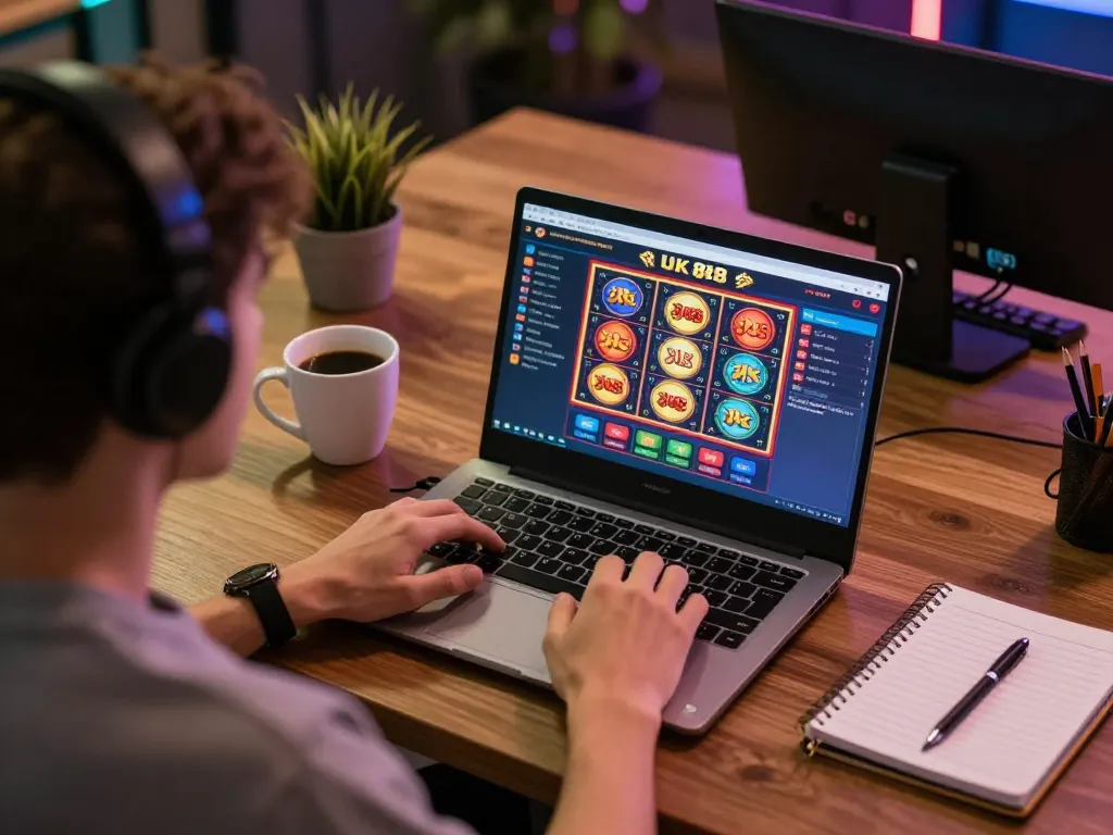Engaging with Uk 88 casino games on a laptop, showcasing vibrant online gaming atmosphere