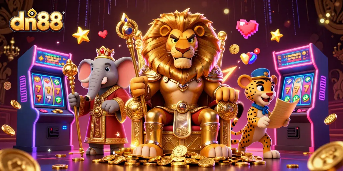 Engage with dn88's exciting gaming experience featuring a fierce lion king and slot machines.