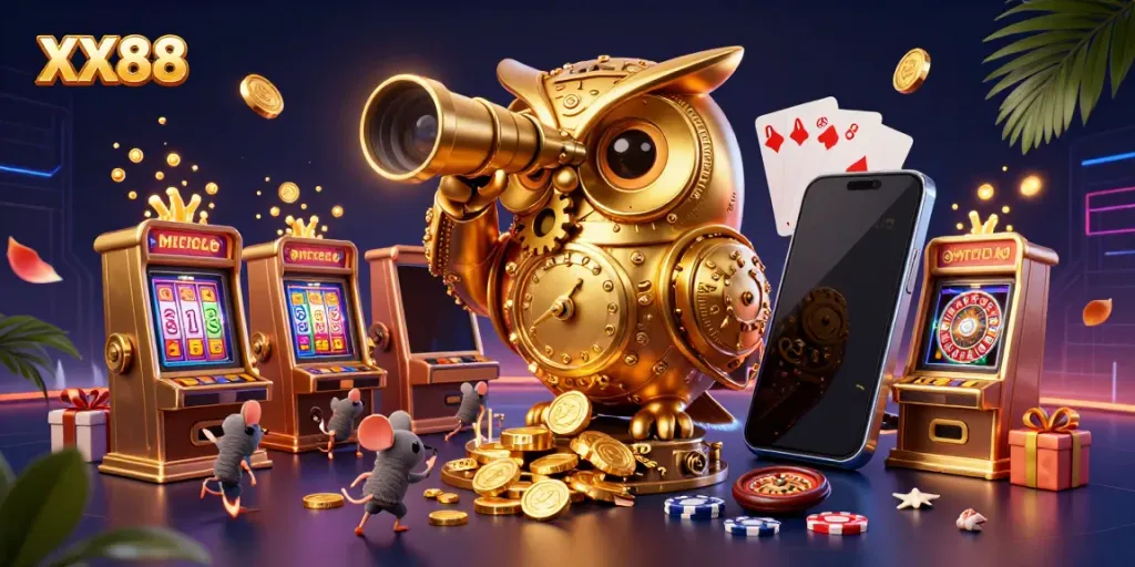Experience the thrill of XX88 in an enchanting casino scene featuring a golden owl and vibrant slot games.