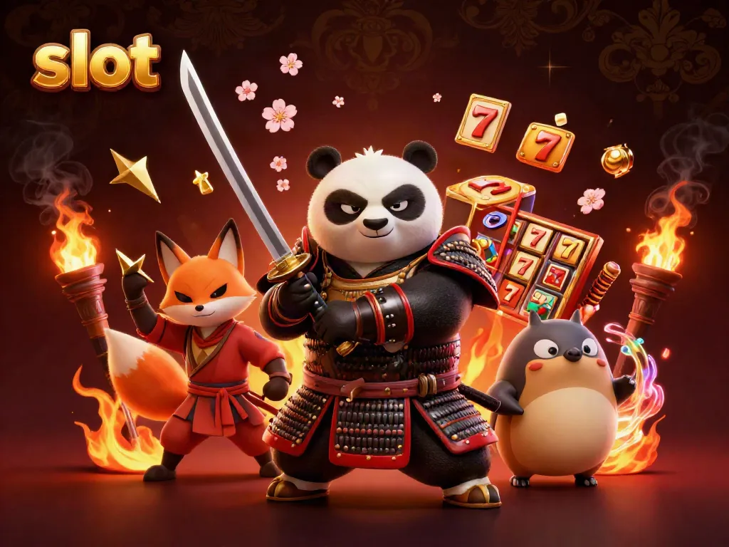 Engage with the vibrant scene of a slot gaming adventure featuring samurai panda and friends.