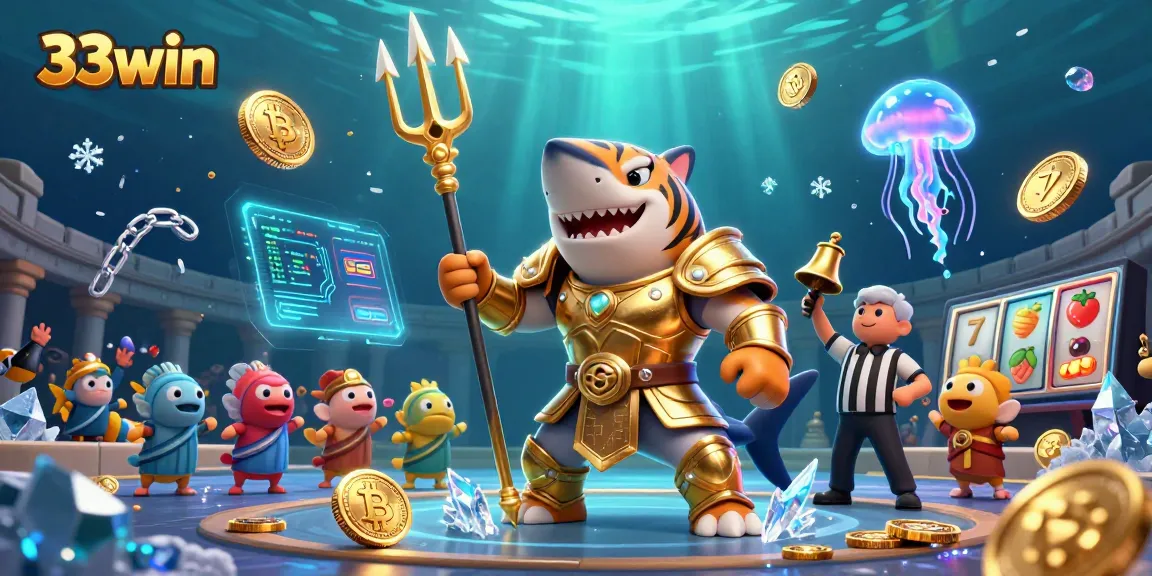Engage in thrilling gameplay with 33win's underwater casino experience featuring a tiger shark and crypto elements.