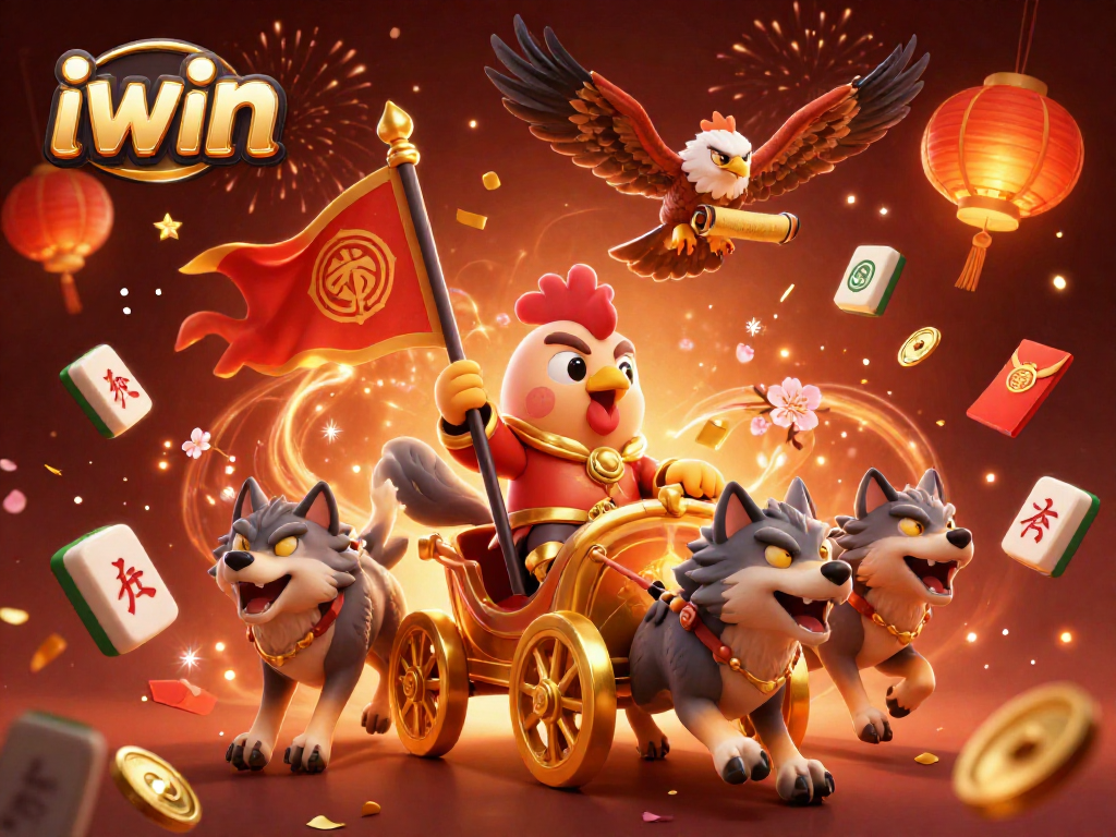 Experience the thrill of iwin in this vibrant scene with a cartoon rooster warlord leading festive celebrations.