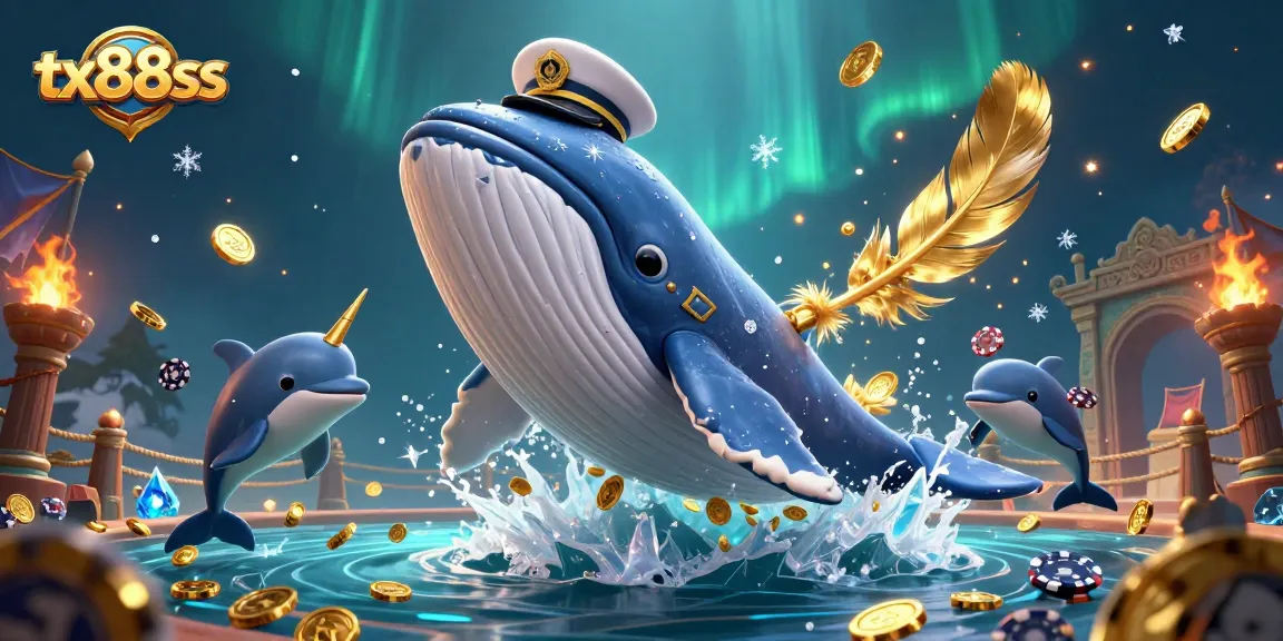 Experience the thrill of tx88ss with a playful 3D underwater casino scene featuring a whale and dolphins.