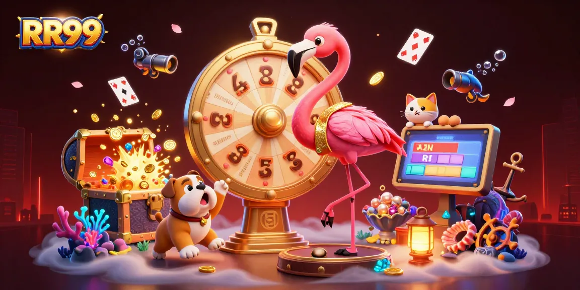 RR99 promotes vibrant casino energy with a flamingo host and a bulldog contestant.