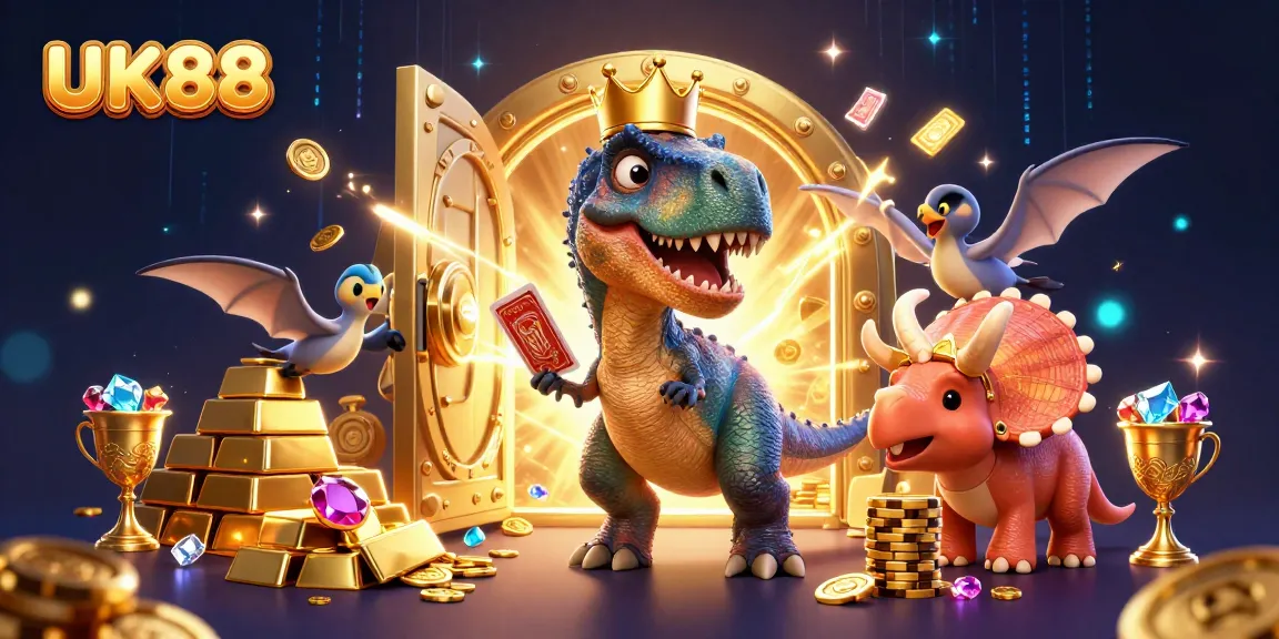 UK88 offers thrilling card shuffling action with dinosaurs in a vibrant casino scene