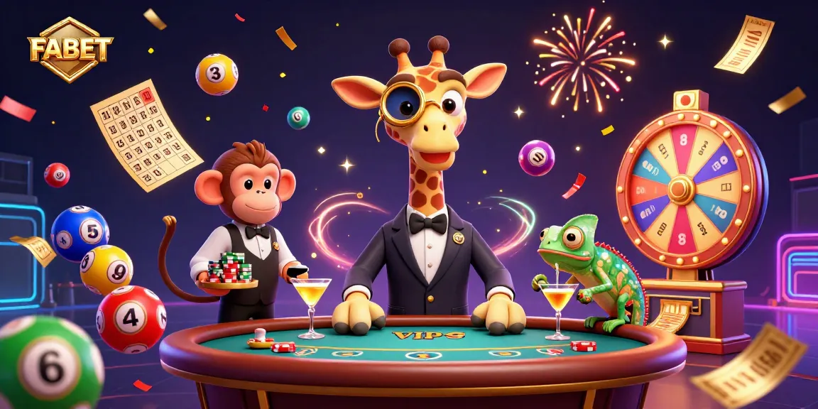 Experience FABET gaming excitement with a giraffe at the poker table and vibrant lottery elements.