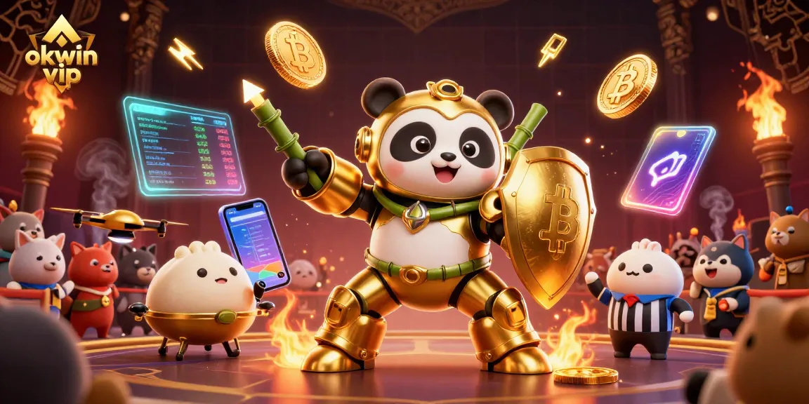 Engage with okwin vip in a vivid casino scene featuring crypto coins and animated characters.