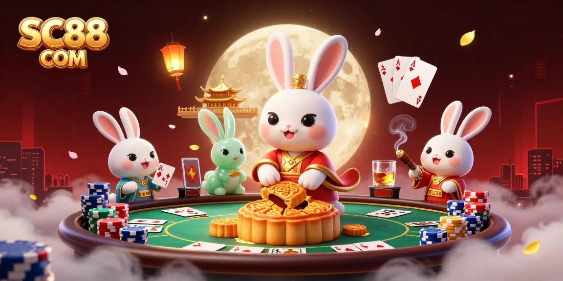 Engage in thrilling gameplay at SC88 COM with moon rabbits, poker chips, and dynamic casino elements.
