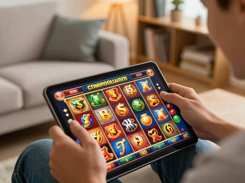 Cổng game Xo88 player celebrating a win on online slots with vibrant screen in cozy home setting.