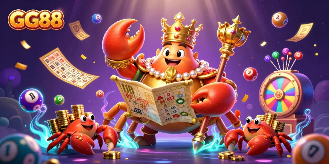 GG88 showcases a vibrant, interactive gaming scene with a golden crab emperor, rich casino elements, and dynamic lottery balls.