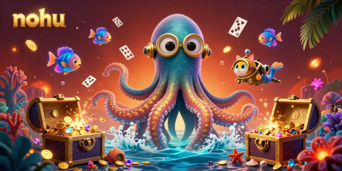 Nohu’s vibrant 3D kraken and diving cat illustration filled with gold-rich casino elements.
