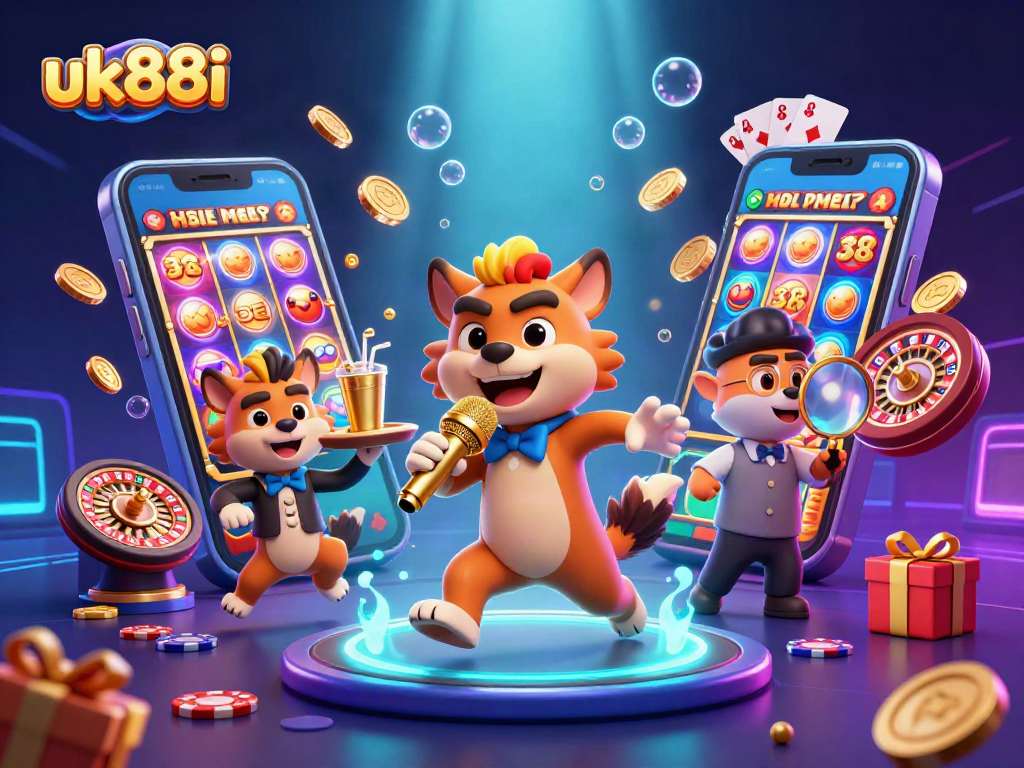 uk88i dazzles with a vibrant casino scene featuring hyena characters engaging in comedy and cocktails.