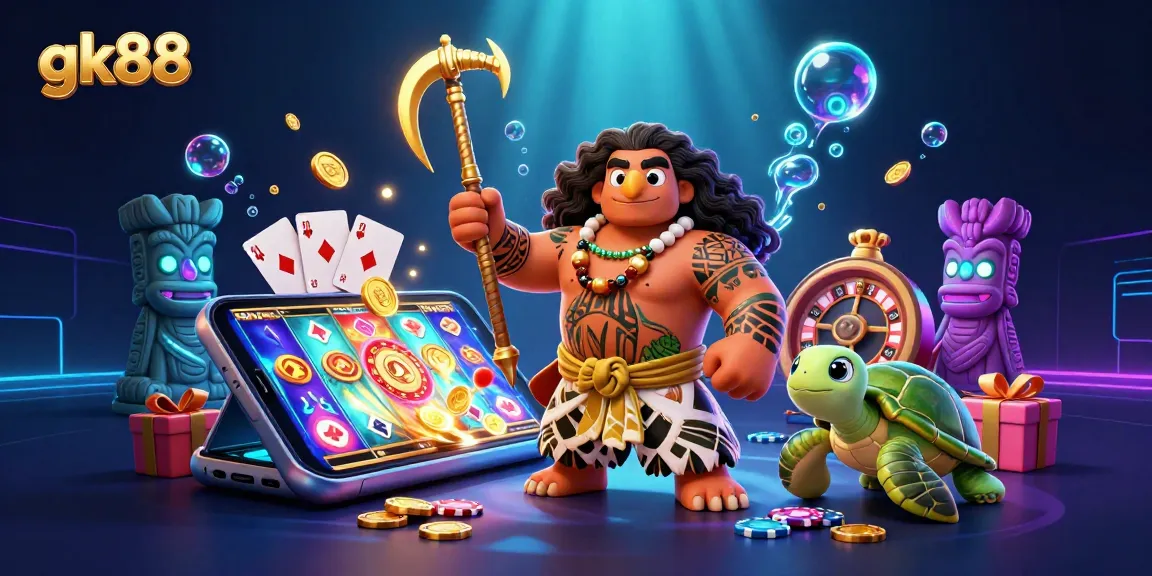 Spin the reels with gk88; vibrant slot game scene featuring a demigod and turtle.