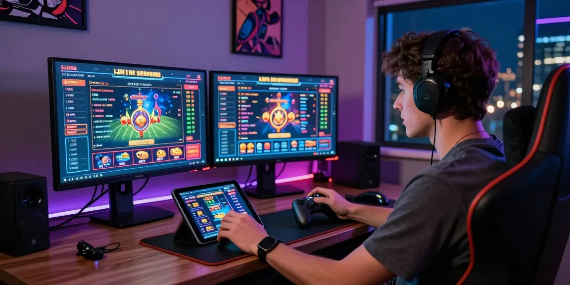 Player experiencing exciting qs88 online gaming session with dual monitors and vibrant casino visuals.