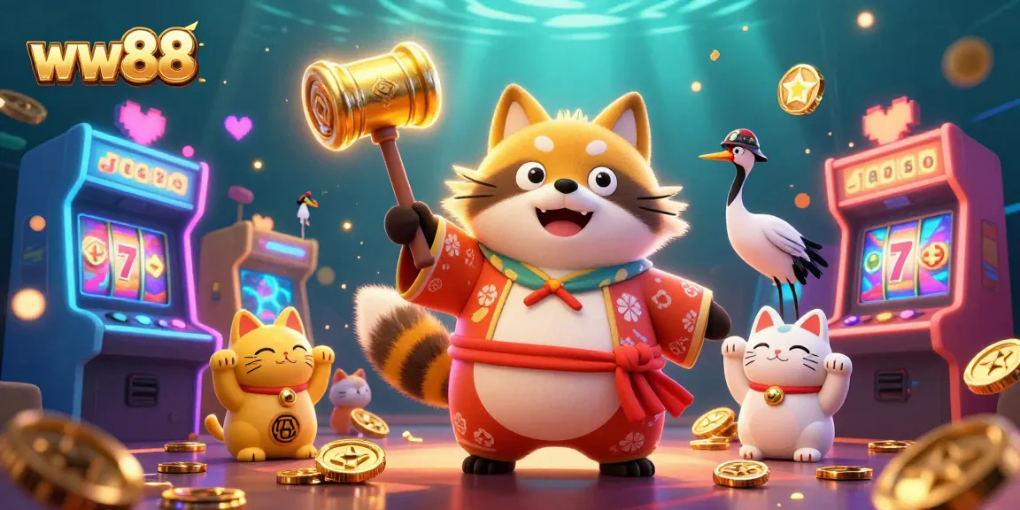 Engage with ww88 as the tanuki and crane celebrate jackpots amidst vibrant gaming elements.