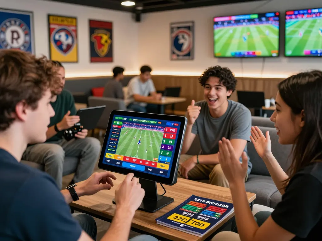 Excited players engaging with fb88 online betting platform in a lively lounge setting.