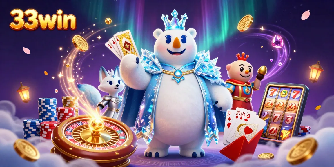 Experience the thrill of 33win with vibrant characters and casino elements in an exciting 3D illustration.
