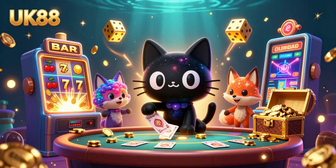 Experience the excitement of UK88 as a black hole cat captures golden chips in a cosmic casino.