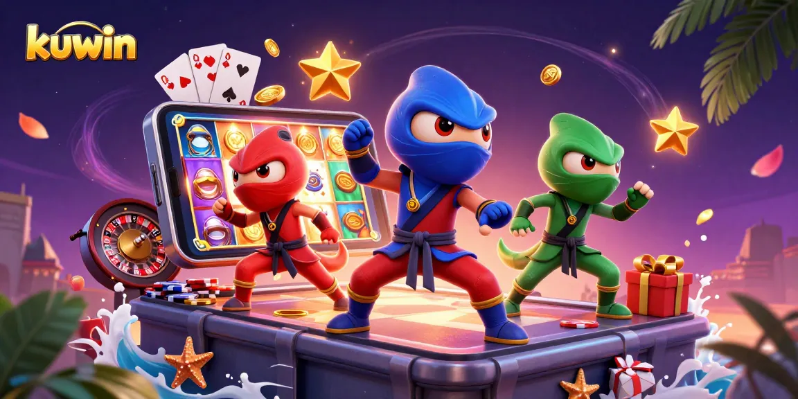 Kuwin brings excitement with vibrant chameleons in a dynamic casino scene featuring a smartphone and games