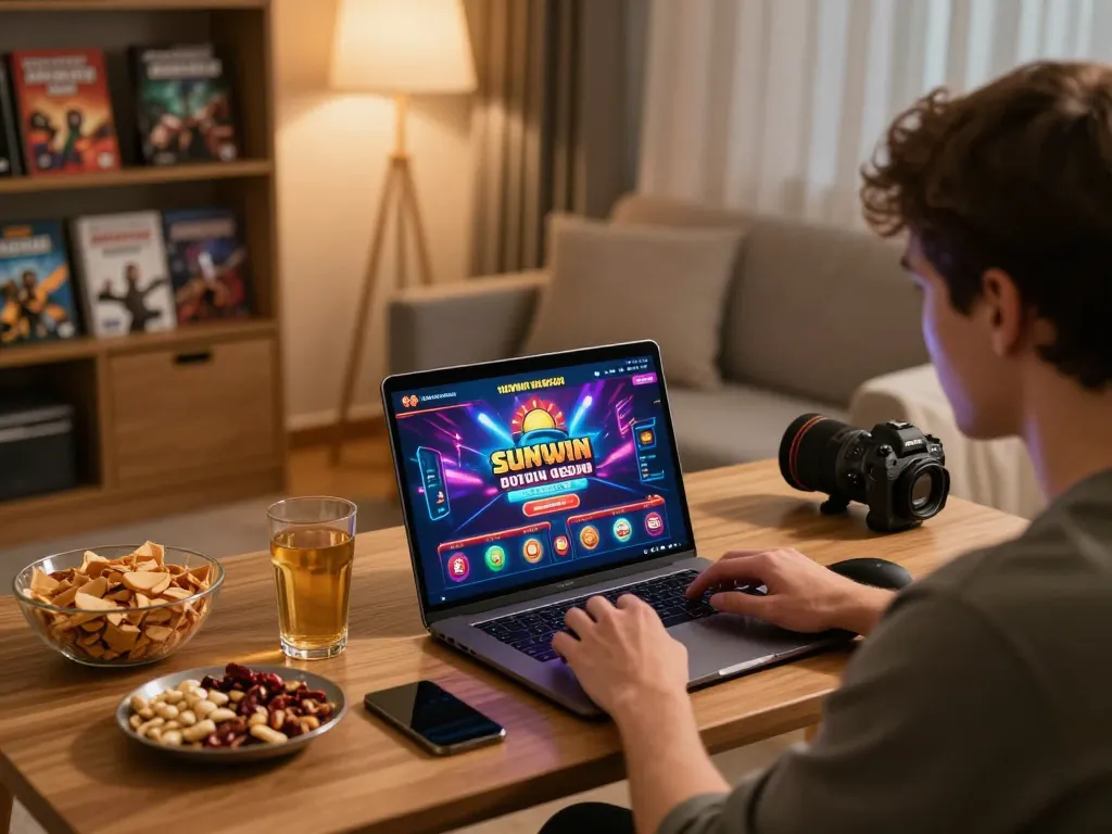 Engaging player using sunwin app on laptop for online gambling in a cozy home setting.