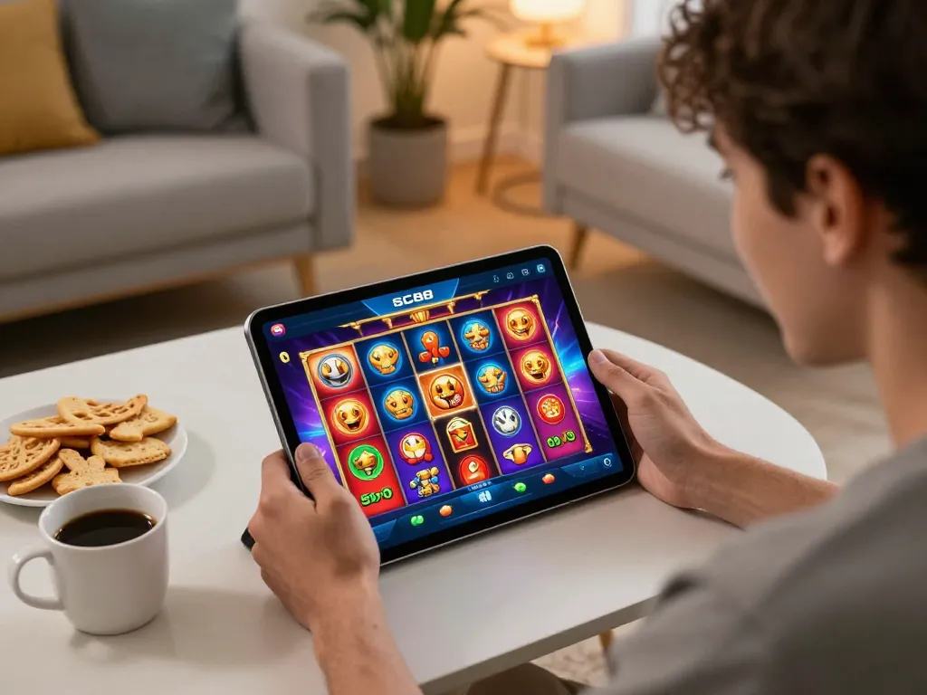 Player experiencing SC88 app's exciting slot game on tablet in a cozy home setting
