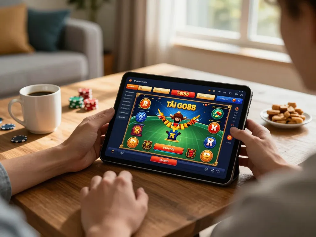 TẢI GO88 on tablet with immersive online casino gameplay in cozy home setting
