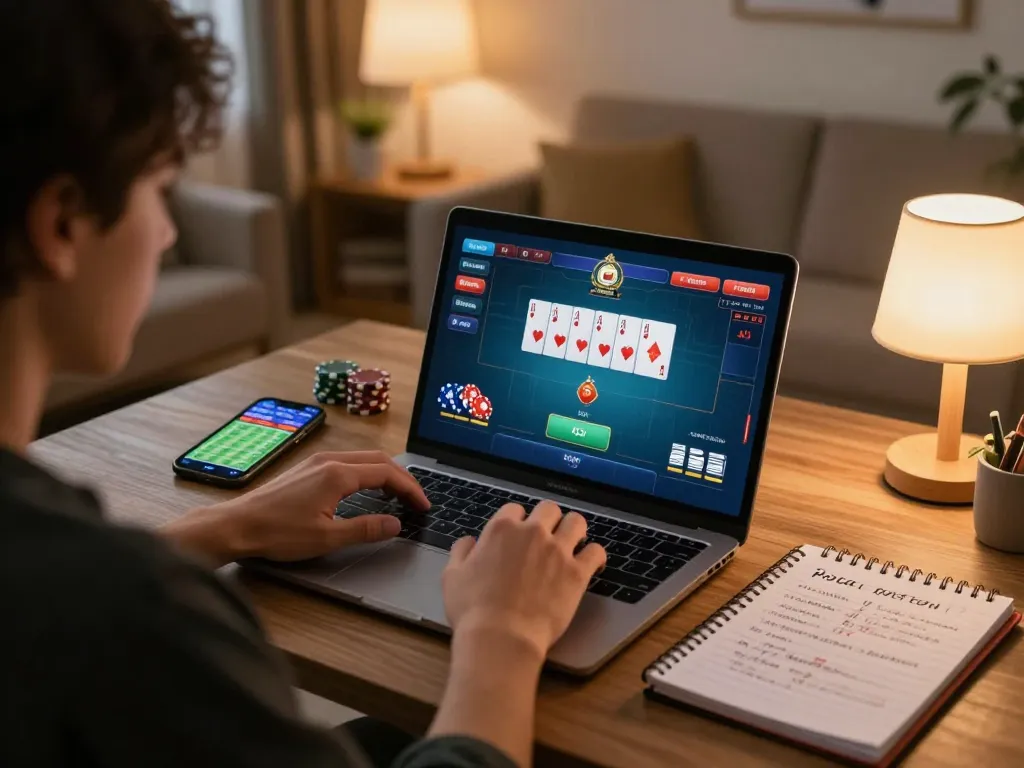 Engaging in online gambling with Link đăng ký Say88 on a laptop showing poker gameplay.