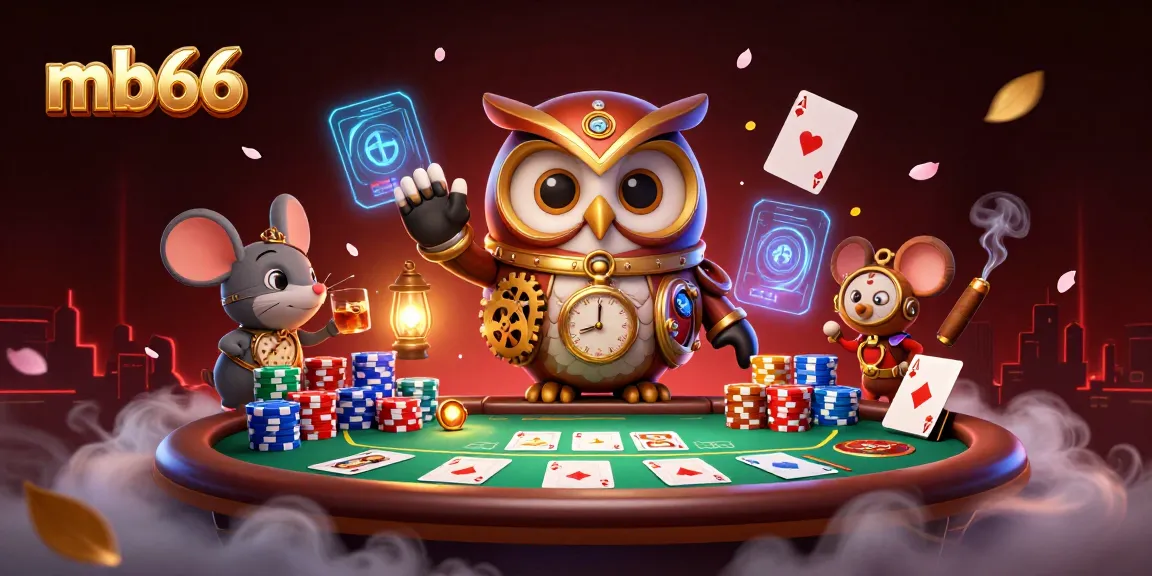 Experience thrilling gameplay with mb66, featuring a time-traveling owl, poker chips, and vibrant casino elements.